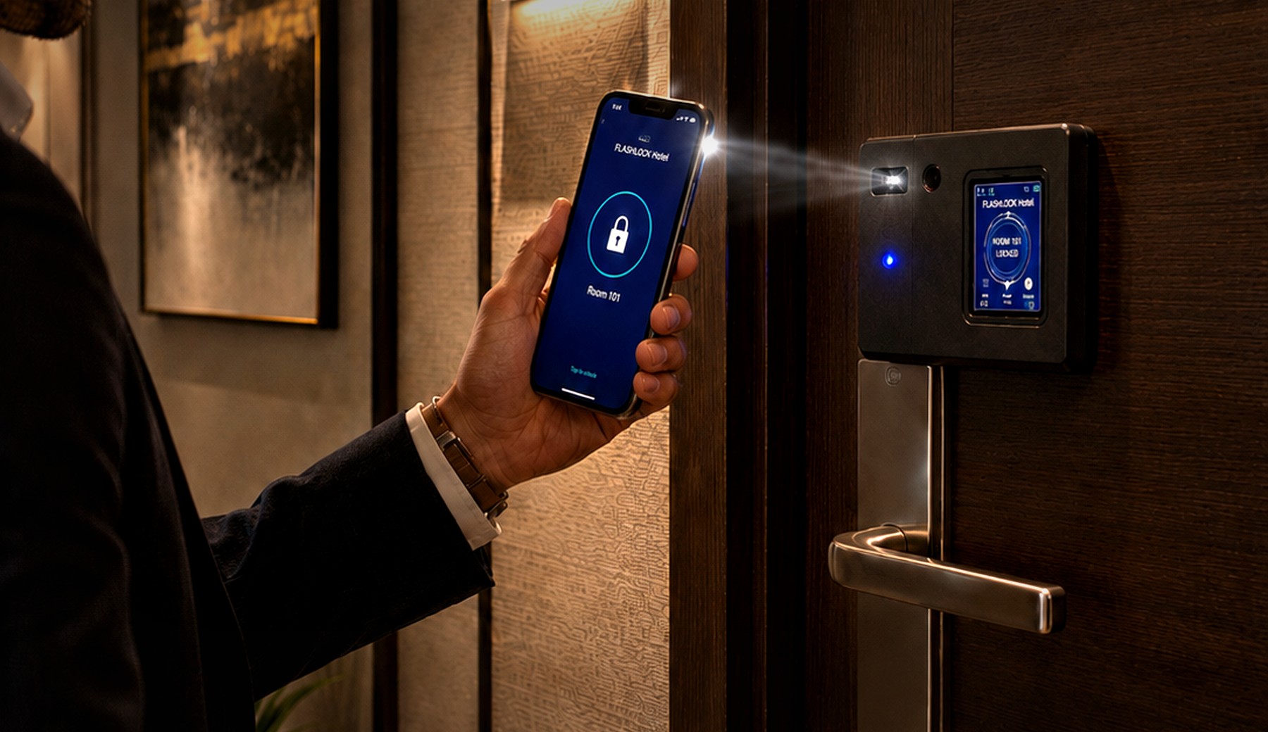 Guest using a FlashKey HDMS mobile key at a hotel room door