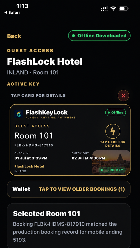 FlashKey HDMS digital room key screen